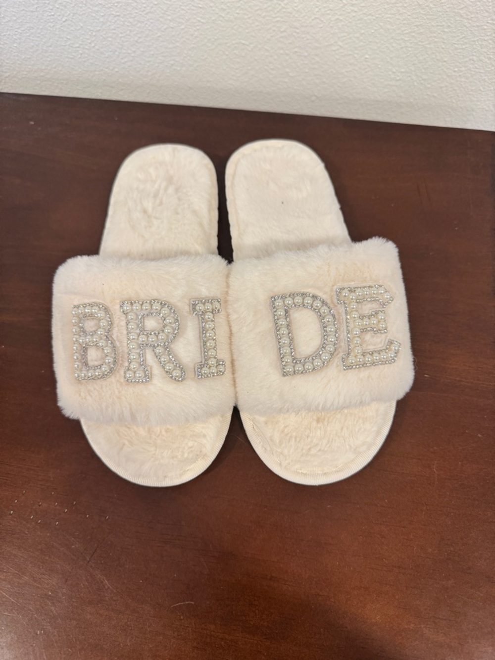 Faux Fur Bride Crystal Letter Slippers - white